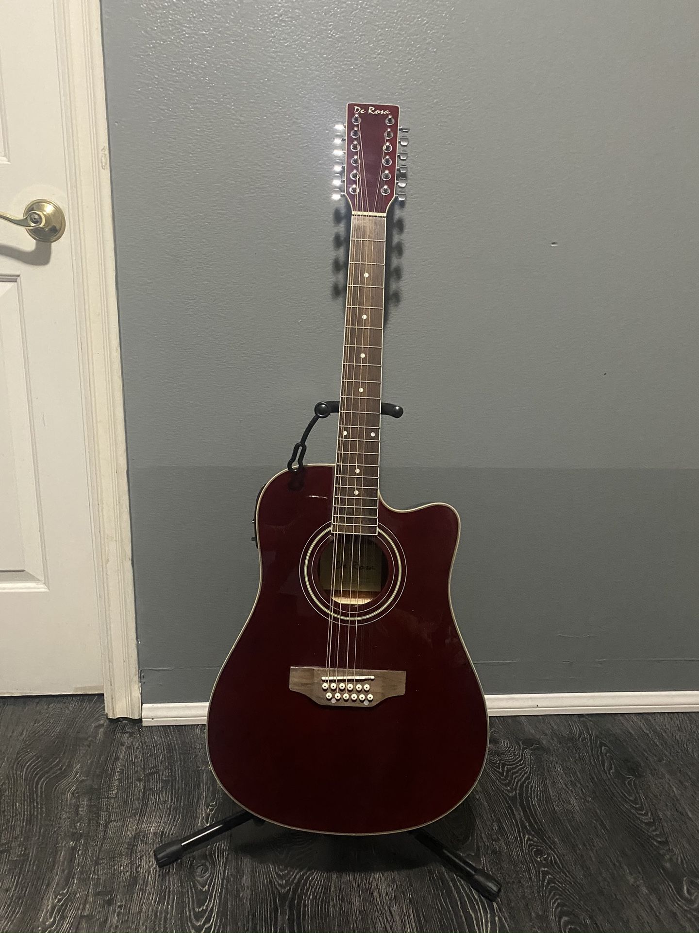 burgundy de rosa 12 string electric acoustic guitar with cable strap and case