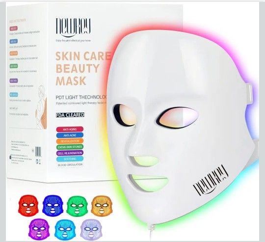 NEWKEY Red Light Therapy for Face, LED Face Mask Light Therapy for Wrinkles,7 Colors Red Light Therapy Mask,Korea PDT Technology Red Light Mask for Wi