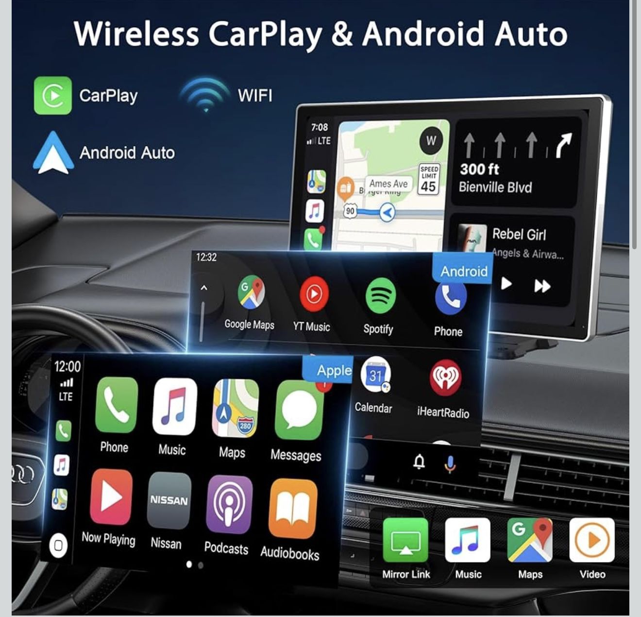 Smart Wireless Carplay Screen with Portable Car Stereo and Backup Camera
