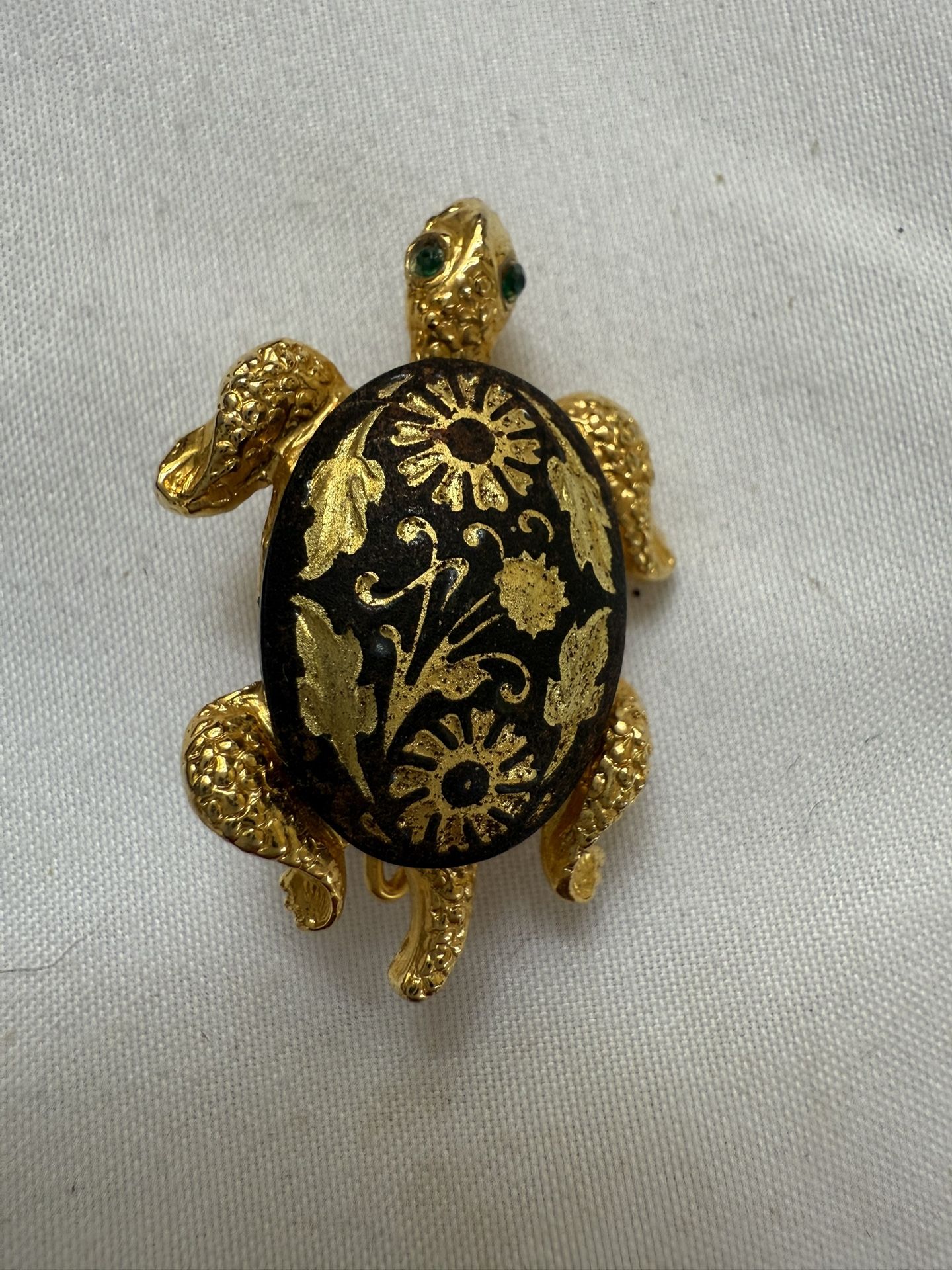 Vintage Damascene Turtle Brooch Green Eyes Gold From Toledo  Spain 