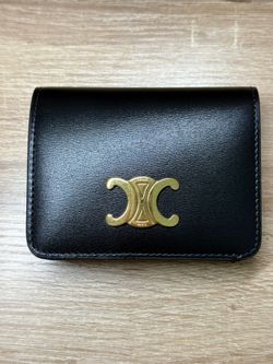 CELINE Triomphe Compact Wallet Black Shiny Calfskin