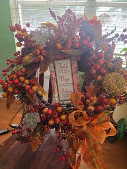 Fall Harvest Wreath with Faith Hope Believe Sign