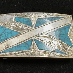 Sterling Silver belt Buckle  hand  design  Inlaid  Turquoise 