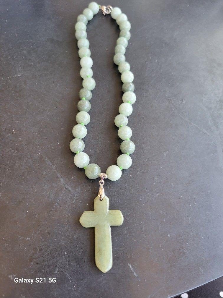 jade bead choker with a cross