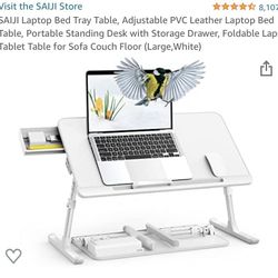 SAIJI Laptop Bed Tray Table, Adjustable PVC Leather Laptop Bed Table, Portable Standing Desk with Storage Drawer, Foldable Lap Tablet Table for Sofa C