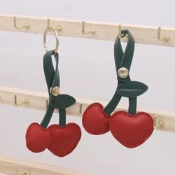 Cute Cherry Bag Charm for Women, Cherry Leather Keychain for Handbag - Red