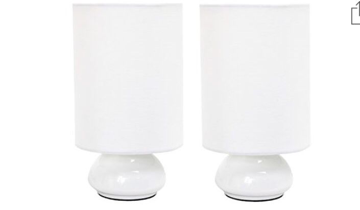 S imple Designs Home LT2043-WHT-2PK Simple Designs Gemini Colors 2 Pack Mini Touch Table Lamp Set with Fabric Shades, White