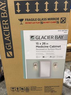 Glacier Bay 15-1/4 in. W x 26 in. H Framed Recessed or Surface-Mount Bathroom Medicine Cabinet with Mirror, Gray