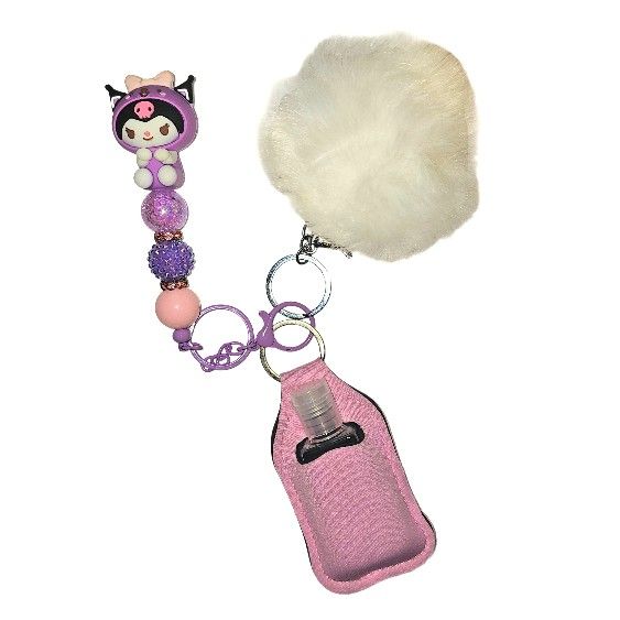Hello Kitty Custom Keychain with Sanitizer Bottle, Pink Holder, and Pom Pom