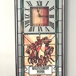 Vintage Wolfschmidt Vodka Framed Mirror & Stained Glass Look Wall Clock - Large Bar Size!