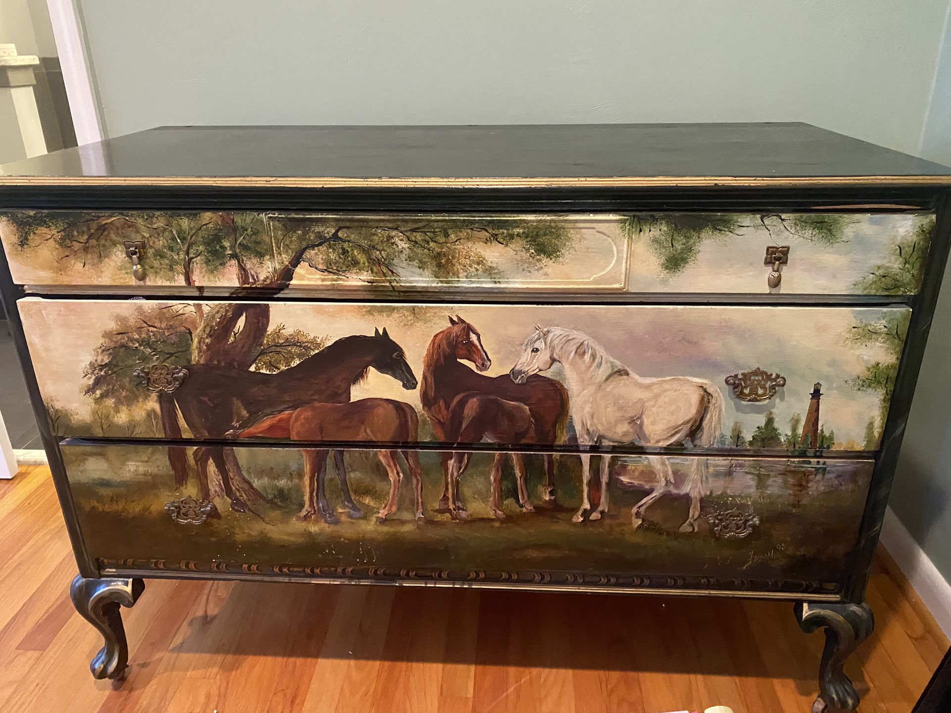 Painted Wooden Dresser With horse Scene