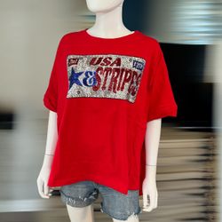 Fantastic Fawn Red Oversized Sequin Accent Patriotic Tee Sz Large 