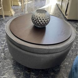 Abble 32" Denim Blue Fabric Upholstered Buttons Tufted Round Storage Cocktail Ottoman