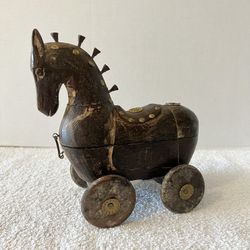 Antique Handcrafted Rajasthani Horse On Moving Wheels/Folk Art/India/Hinged With 2 Storage Depressions Inside