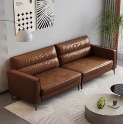 Mid-Century 3-Seater Faux Leather Sofa with Removable Backrest and Cushions, Vintage Modern Lounge C