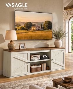 Farmhouse TV Stand for 80'' TV, Media Console, Sliding Barn Doors Entertainment Center with Storage Cabinets, for Living Room, Rustic White and Honey 