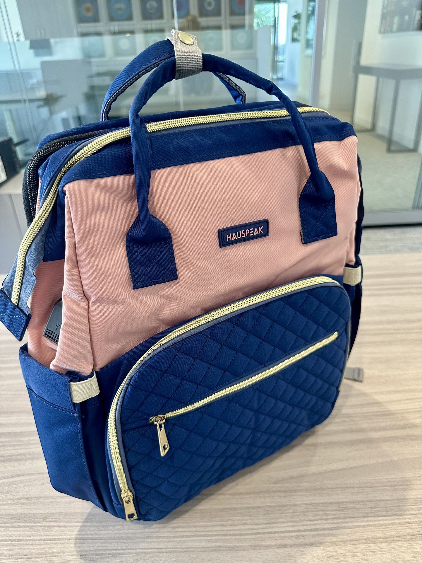 Polaris HausPeak Blue/Pink Quilted Baby Diaper Bag Backpack/Changing Bed w USB