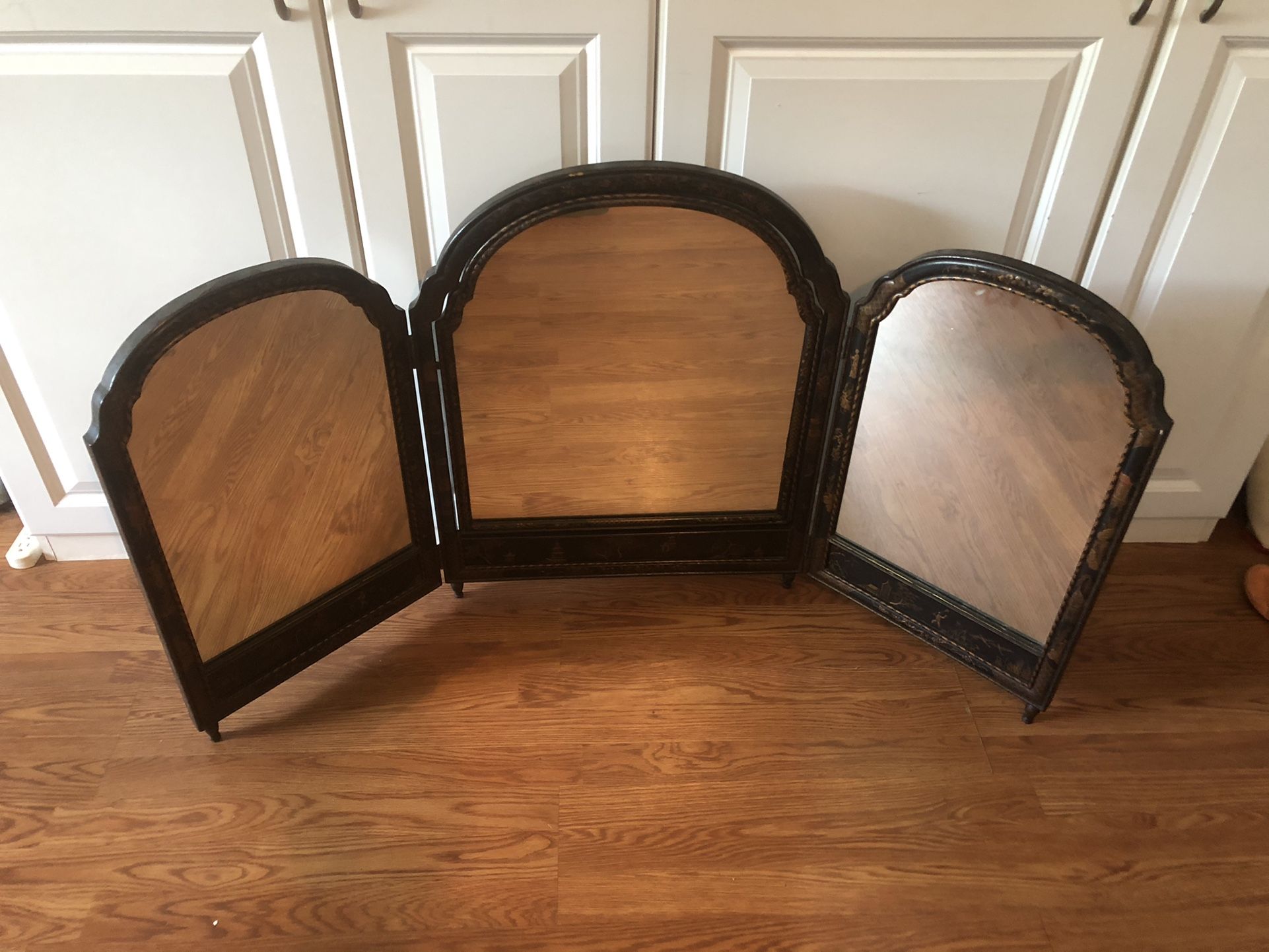 Antique Oriental Trifold Mirror 28 1/2” Tall 4 Ft Wide