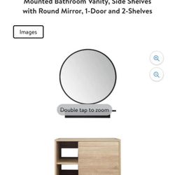 FULLWATT 23.6-Inch Natural Color Wall Mounted Bathroom Vanity, Side Shelves with Round Mirror, 1-Door and 2-Shelves