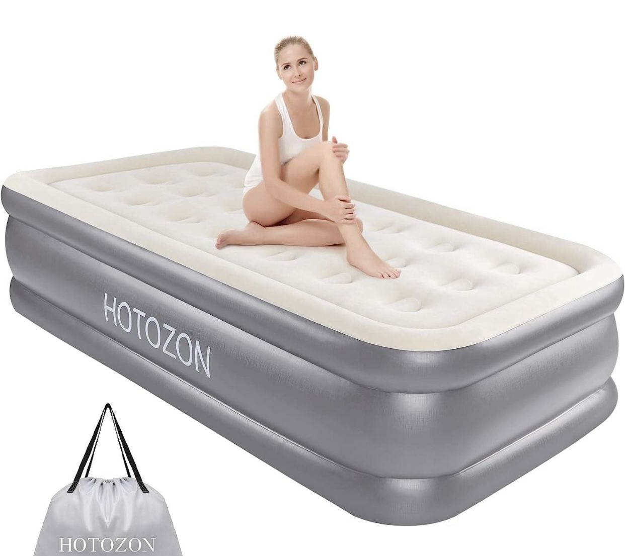 HOTOZON Twin Air Mattress with Built-in Pump, 18" Foldable Air Bed with Carry Bag, Luxury Elevated Inflatable Air Mattresses, Blow Up Airbed for Home,