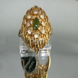 18 Kt HGE Genuine Jade And Clear Rhinestones Ring Size 8