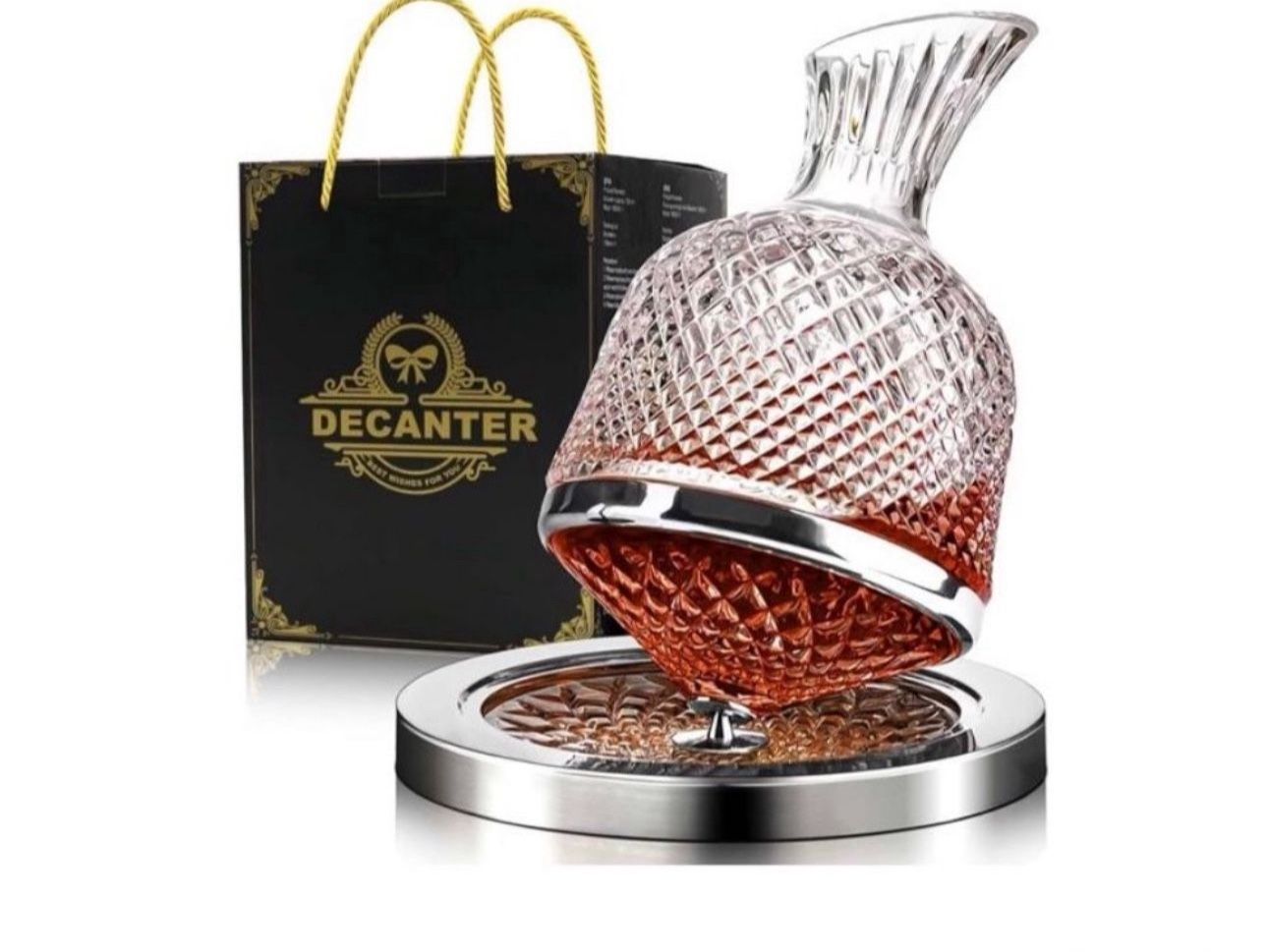 Spinning Wine Decanter, Whisky Decanter, 360°Rotating Red Wine Carafe Decanter, 50oz/1500ml, Thickened Crystal Glass Base, Gift Box Design, Gift for W