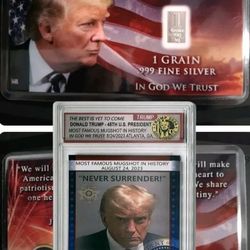 Donald Trump Mugshot Trading Card + 10 MAGA .999 Silver Bar Cards