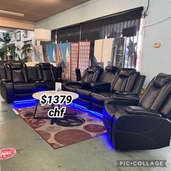 Black Breathing Leather 3 Piece Living Room Reclining Sofa Set ( Sofa + Loveseat + Chair )