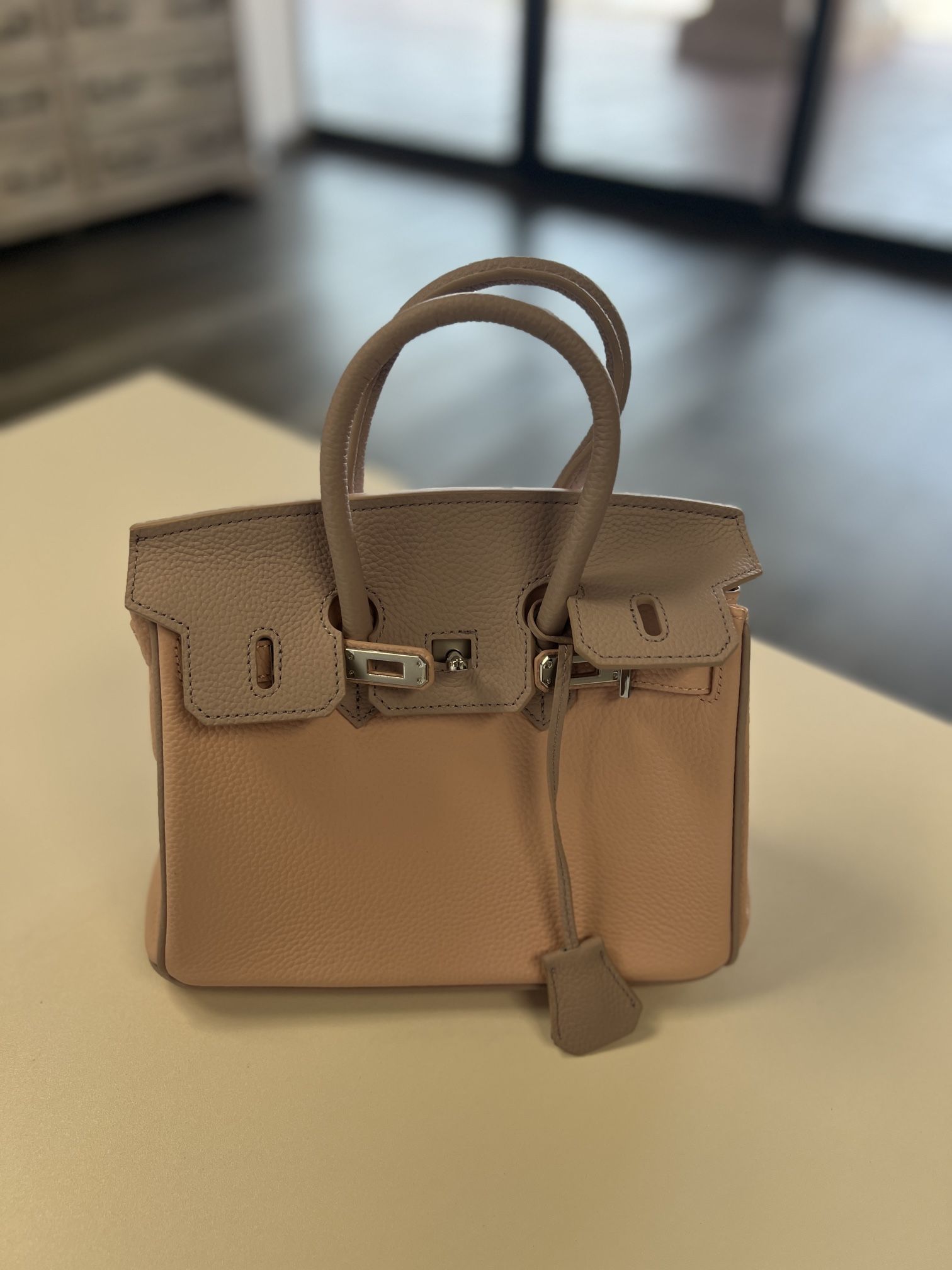 Beige Genuine Leather Handbag – New, Lock Detail