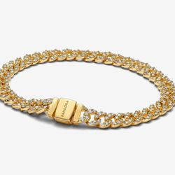 14k GOLD PLATED, PANDORA TIMELESS PAVE CUBAN CHAIN BRACELET!  NEW!