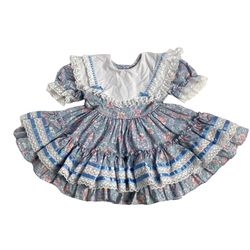 Vintage Gold Bell ruffle Full Circle Skirt 4 pink Floral Pinafore  Crinoline Tulle  19.5” shoulder to bottom   Made in USA 100% cotton    