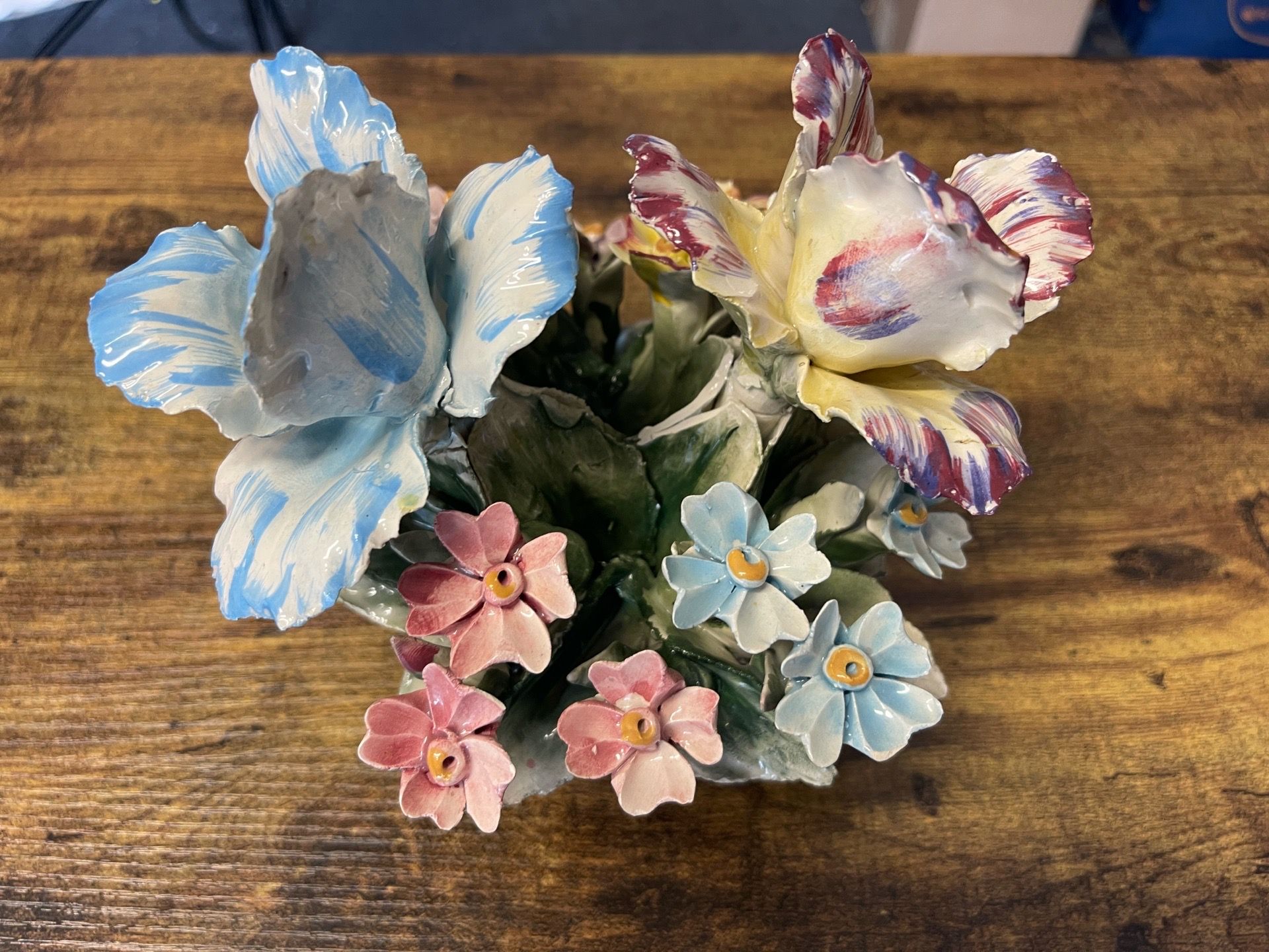 Vintage Capodimonte Italy Porcelain Flowers Basket Centerpiece