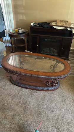 Oval Wood and Glass Coffee Table