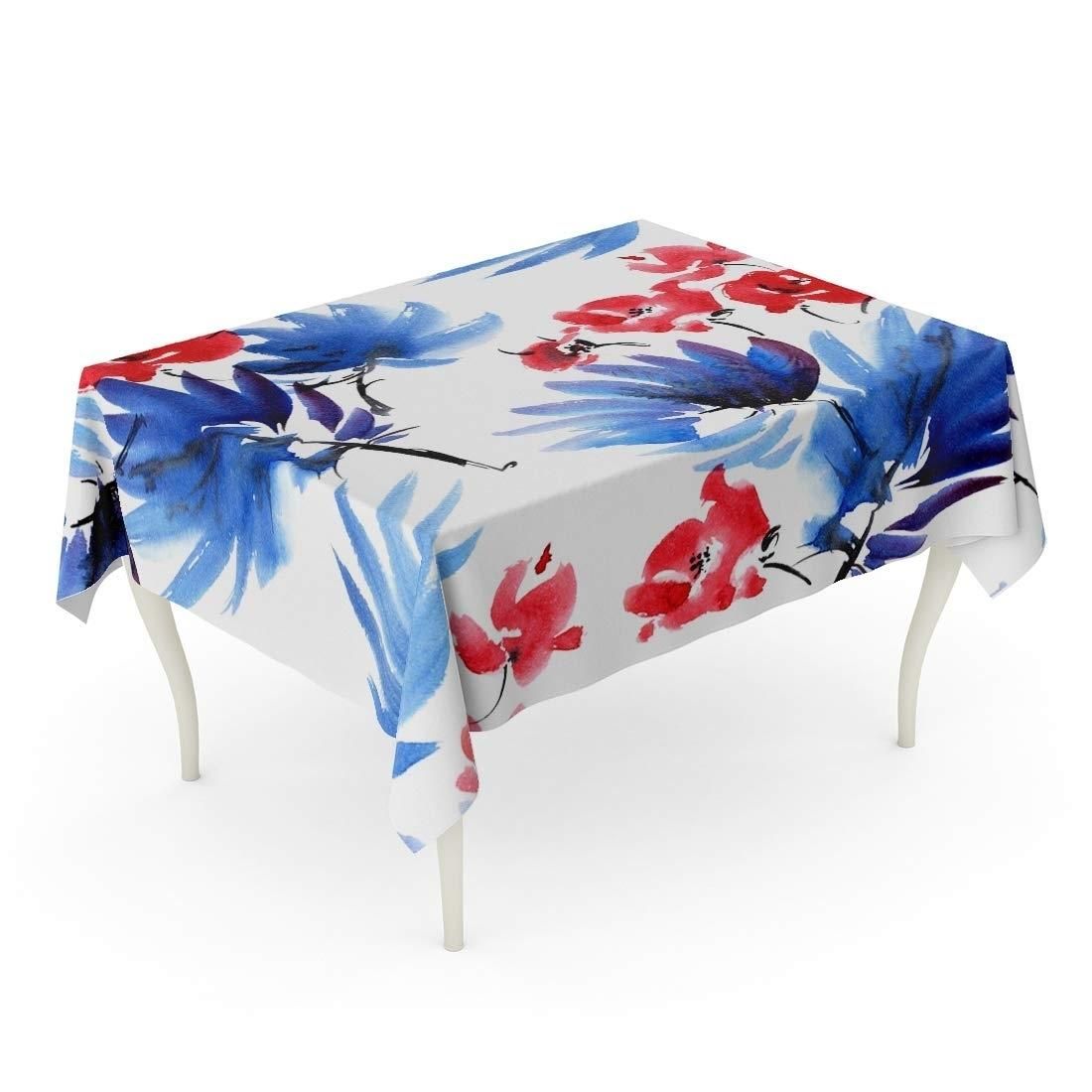 Red Flowers and Dark Blue Leaves Watercolor Ink Painting Tablecloth Table Desk Cover Home Party Decor 60x104 inch