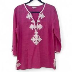 Charter Club Pink linen top/tunic shirt with white embroidery  Size Small