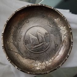 1934's Chinese Solid Silver Sun Yat Sen Junk Boat Dollar Coin Dish