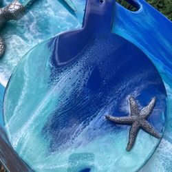 Hand Poured Resin Ocean Board With Real Starfish On It . 
