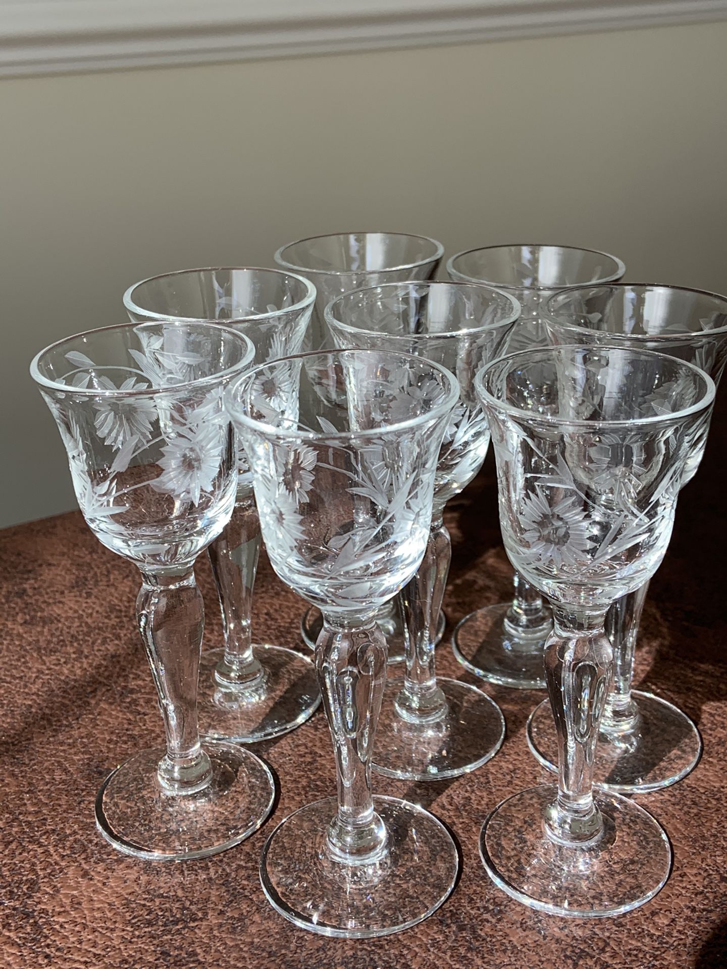 Set of 8 Vintage (Circa 1940’s) Etched Cordial Glasses-Footed Stem