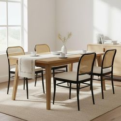 Rattan Dining Chairs Set of 4, Upholstered Faux Leather Dining Chairs with Cane Back, Mid Century Modern Kitchen & Dining Room Chairs, Boho Style, Whi