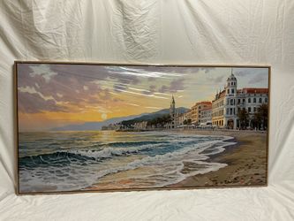 Beach Wall Art Canvas, Retro Ocean Wall Decor, Sunset Coastal Painting, Seaside Artwork, 48"x24"