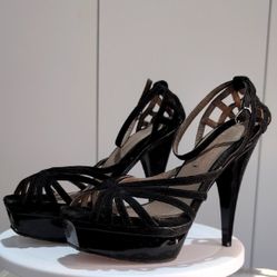 BCBGMaxAzria Black Suede Strappy Stiletto Heels with Platform Sandal size 6.5 