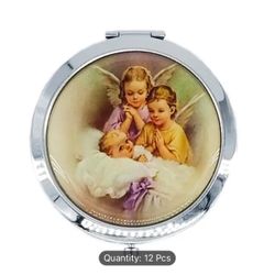 12 Pcs Baptism Baby Angels/Guardian & Holy Spirit Round Hand Compact Mirror/Pocket Mirror/Makeup Mirror/Bautizo Recuerdos/1ST Communion