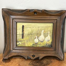 Vintage Wood Carved Hanging Frame Original Oil Painting Ducks Bird Family Cottage Cottage Grandma GrandMillennial Artwork Mid Century charming 