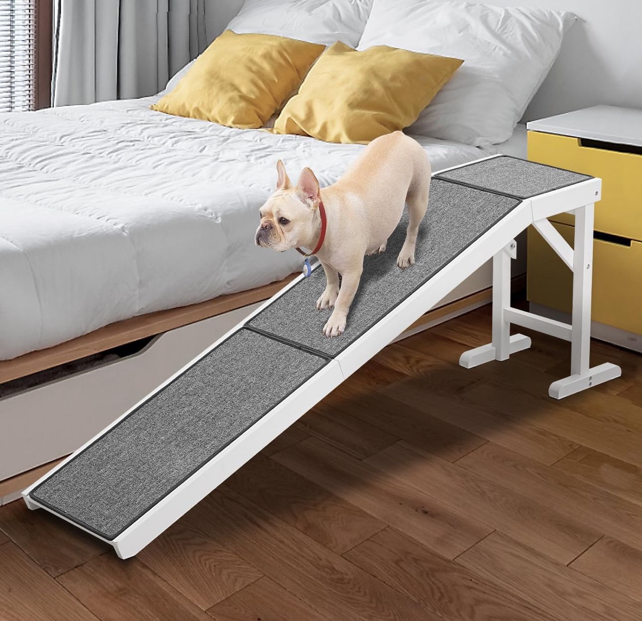 Strong Sturdy Big Long Wood Ramp For Dog To Bed Couch Car Non Slip Carpet Surface Up to 150 lb Dog Size Length 70", Height 25"