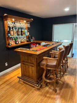 Home Bar Set – Bar, Back Bar Mirror/Shelf, and 3 Barstools