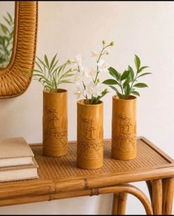 Set of 3 Vintage  Carved Bamboo Chinese Chinoiserie vases