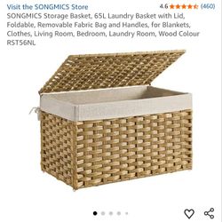 Storage Basket, 65L Laundry Basket with Lid, Foldable, Removable Fabric Bag and Handles, for Blankets, Clothes, Living Room, Bedroom, Laundry Room, Wo