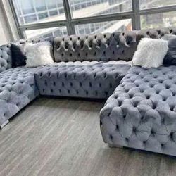 Grey velvet sectional sofa large tufted