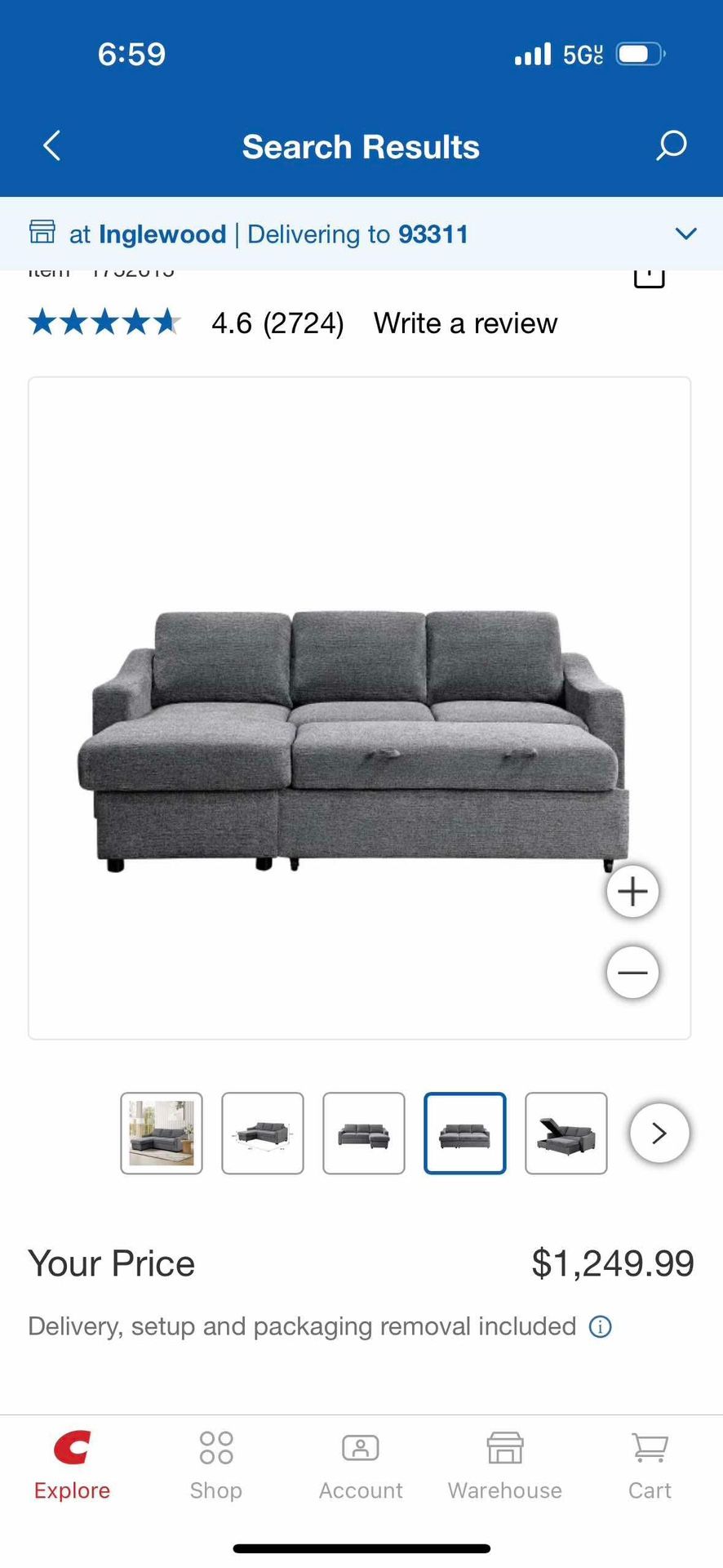 Coddle Aria Fabric Sleeper Sofa with Reversible Chaise and Storage, Gray