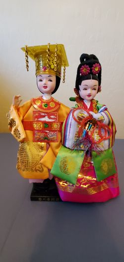 Vintage Korean Native Dolls Male Female Traditional Wedding Pair Mounted